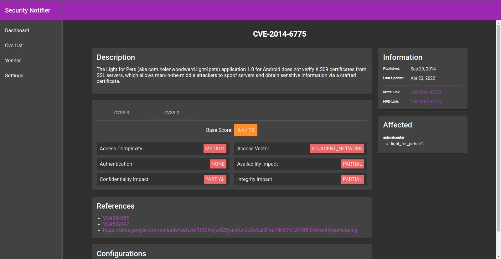 image showing the CVE-Details prvoided by Security Notifier